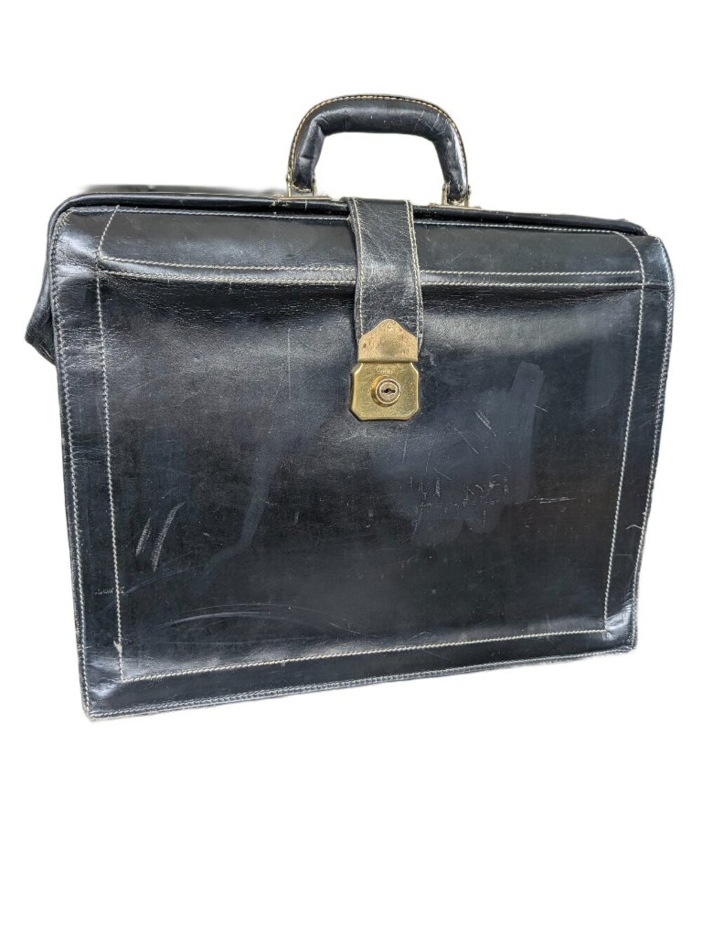 Vintage Black Leather Hinged-Mouth Briefcase - with Lock